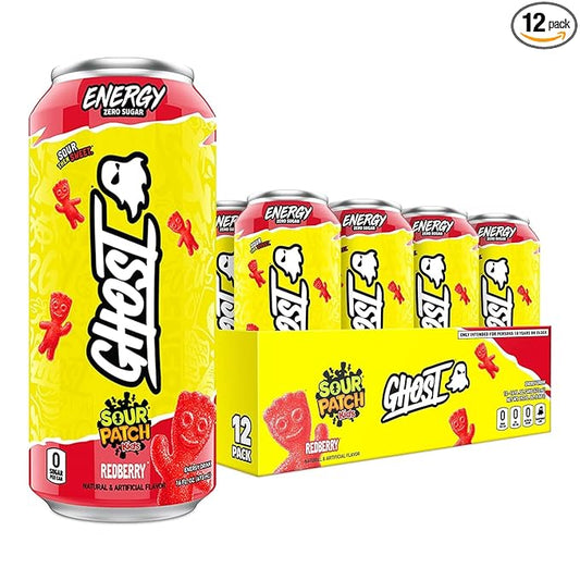 GHOST Energy Drink - 12-Pack, Sour Patch Kids Redberry, 16oz - Energy & Focus & No Artificial Colors - 200mg of Natural Caffeine, L-Carnitine & Taurine - Gluten-Free & Vegan