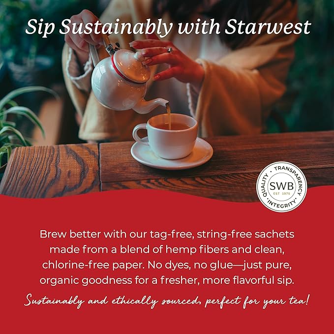 Starwest Botanicals Organic Chai Tea - Caffeinated Herbal Blend with Black Tea & Cinnamon, String Free Sachets, USDA Organic, Non GMO - Bulk Pack, 100 Tea Bags