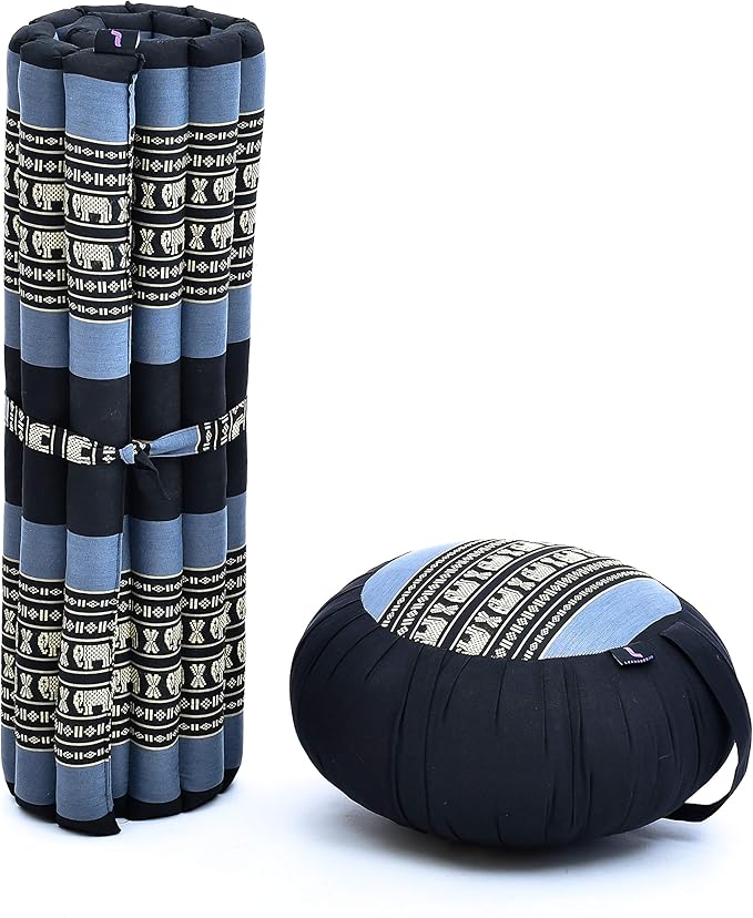 Leewadee Meditation Cushion Set – 1 Round Zafu Meditation Pillow and 1 Square Roll-Up Zabuton Meditation Mat, Pillows Bundle Filled with Kapok