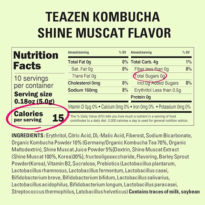 TEAZEN Shine Muscat Kombucha Tea, Electrolyte Powder & Hydration Drink Mix, Sugar Free, Live Probiotics & Prebiotics, 10 Sticks, 1.76oz