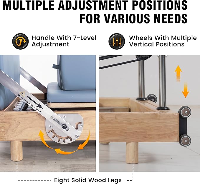 Foldable Wooden Pilates Reformer Machine with Ultra-Fiber Leather Seat, Oak Frame, Adjustable Resistance, Full-Size for Heights 4’ to 5’9”, Home and Studio Use, 480lbs Capacity