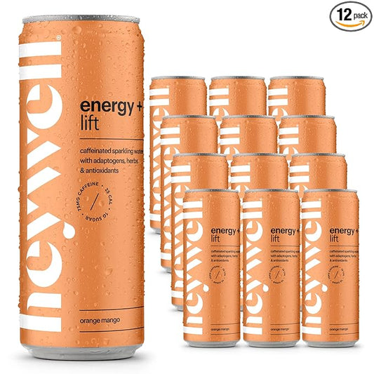 Heywell Sparkling Adaptogenic Water, Energy and Uplift, Orange Mango Flavor 12 Fluid Ounce (Pack of 12) - Non Caffeinated, Organic, Non GMO, Vegan, Gluten Free, Dairy Free