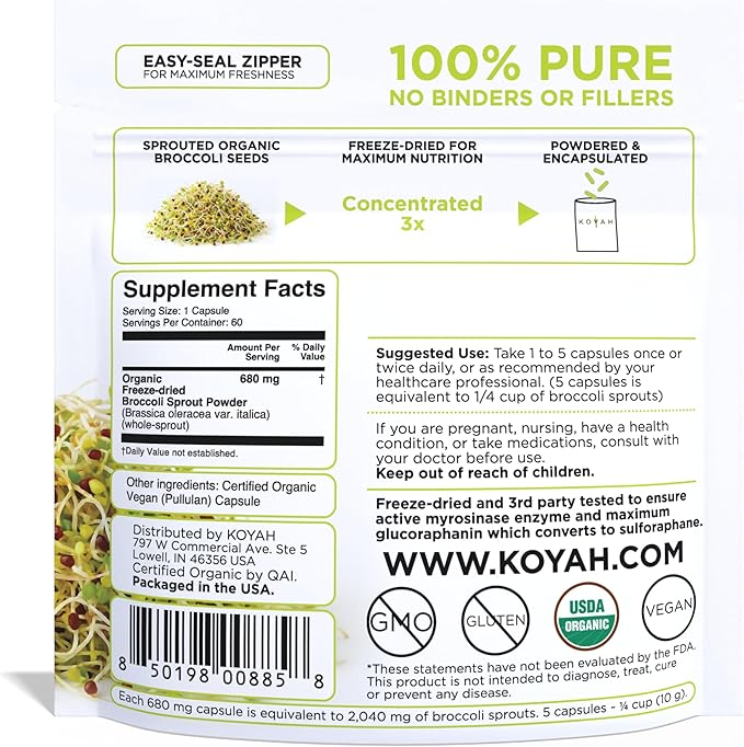 KOYAH Organic Broccoli Sprout Capsules – Freeze-Dried Whole Broccoli Sprouts – 3rd Party Tested for Active Myrosinase & Glucoraphanin (Sulforaphane Glucosinolate) - 60 Capsules