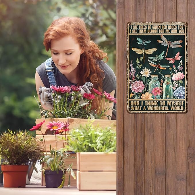Dragonfly Decor And I Think To Myself What A Wonderful World Vintage Metal Tin Sign Decorative Plaque Poster 12 * 8inch