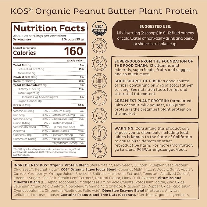 KOS Organic Plant Based Protein Powder, Chocolate Peanut Butter - Delicious Vegan Protein Powder Meal Replacement - Keto Friendly, Gluten Free, Dairy Free & Soy Free - 2.4 lbs, 28 Servings