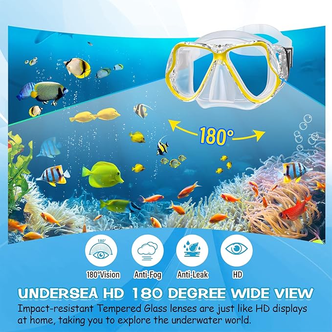 Greatever Dry Snorkel Set,Panoramic Wide View,Anti-Fog Scuba Diving Mask,Professional Snorkeling Gear
