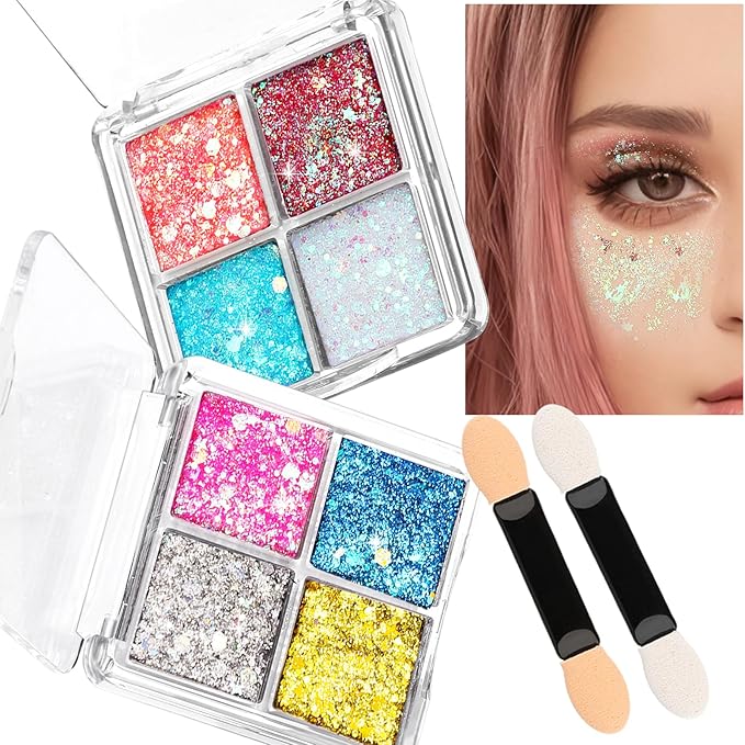 FANDAMEI Face Glitter, Body Glitter for Women, 2PCS 8 Colors Glitter Gel for Face, Hair Glitter for Kids, Fairy Rave Mermaid Makeup