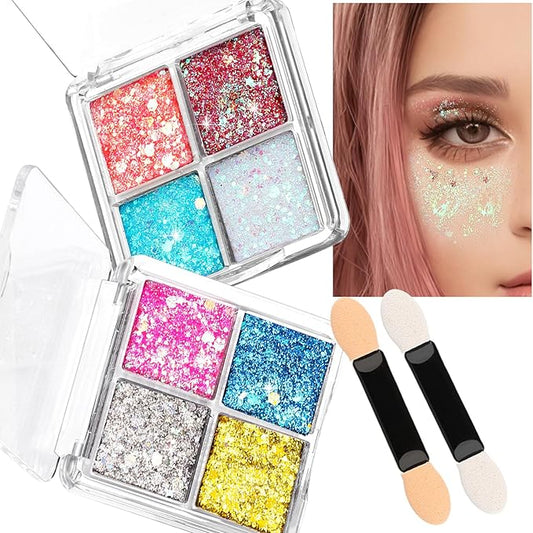 FANDAMEI Face Glitter, Body Glitter for Women, 2PCS 8 Colors Glitter Gel for Face, Hair Glitter for Kids, Fairy Rave Mermaid Makeup