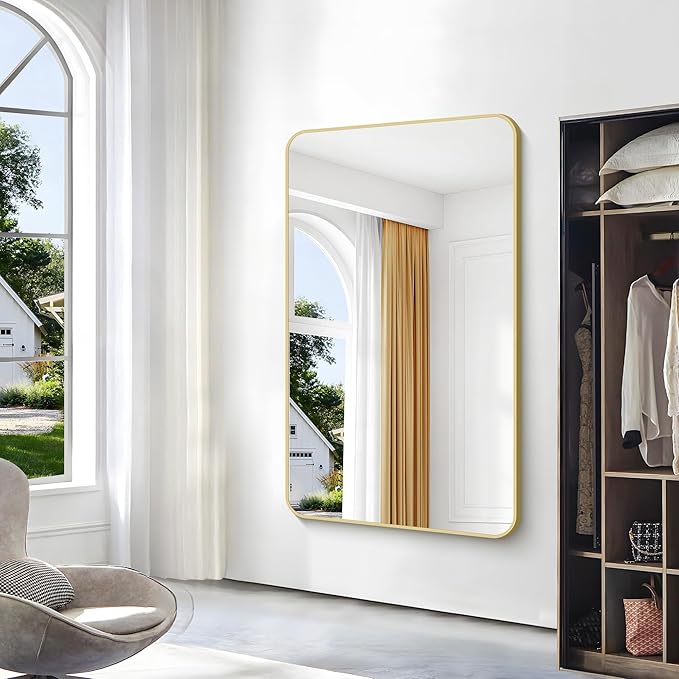 Gold Bathroom Mirror,60x36 inch Wall Mirror for Bathroom Wall Mounted,Round Rectangle Mirror for Bathroom Over Sink,Modern Frame for Home Decor Living Room,Bedroom Entryway,Horizontal/Vertical