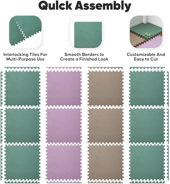 Home Gym Mat, Puzzle Exercise Mat, EVA Interlocking Foam Floor Tiles for Home Workout Equipment and Kids' Play Areas - Blue, 24 in x 24 in x ½ in - (Pink, 12 Pack (48 SQ FT))