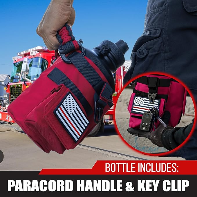 Iron Infidel Battle Bottle - Half Gallon Insulated Water Bottle with Paracord Handle, Large 64 oz Stainless Steel Water Jug with Rugged, Removable Sleeve for Keys, Wallet & Phone (Red Line 2 Liter)
