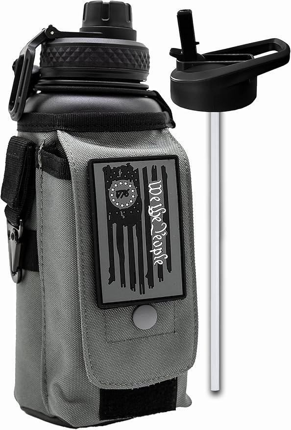 Iron Infidel Battle Bottle - 32 Oz Insulated Water Bottle with Straw Lid & Chug Cap, Stainless Steel Metal Tactical Flask with Rugged, Removable Sleeve for Keys & Phone or Wallet (Betsy Ross 1 Liter)