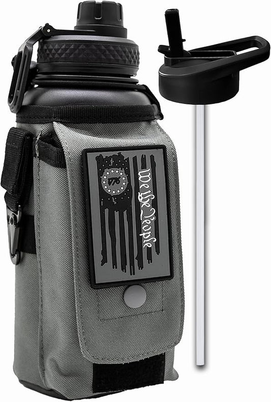 Iron Infidel Battle Bottle - 32 Oz Insulated Water Bottle with Straw Lid & Chug Cap, Stainless Steel Metal Tactical Flask with Rugged, Removable Sleeve for Keys & Phone or Wallet (Betsy Ross 1 Liter)