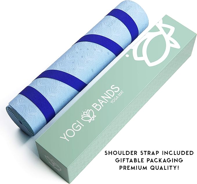 Premium TPE Yoga Mat - Body Alignment Guide Lines and Non-Slip Grip - Perfect for Home Exercise and Gym Workout - Light, Portable, Compact - Travel-Friendly Shoulder Strap