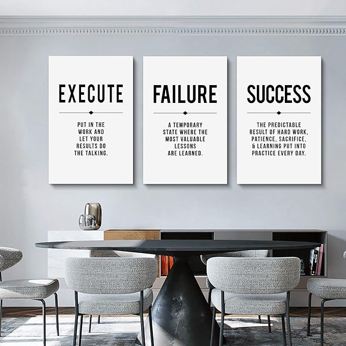 Framed Canvas Wall Art Success Quote, Office Wall Art, Black Large Poster, Positive Motivational Set of 3 Prints, Execute Failure Definition, Inspirational Print (D-3pcs,20x30inchx3pcs)