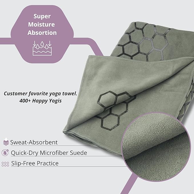 Clever Yoga Non-Slip Hot Yoga Towel – Non-Slip Grip for Hot Yoga, Sweat Absorbent, Honeycomb Silicone Grip, Stays Flat – Ideal for Pilates, Travel, Washable & Lightweight - Olive