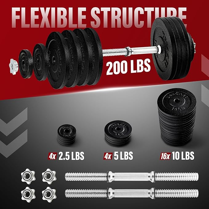 Yes4All Old School Adjustable Dumbbell Set with Weight Plates, Star Lock Collars/Connector, 40lbs to 200lbs Adjustable Weight Plates Set