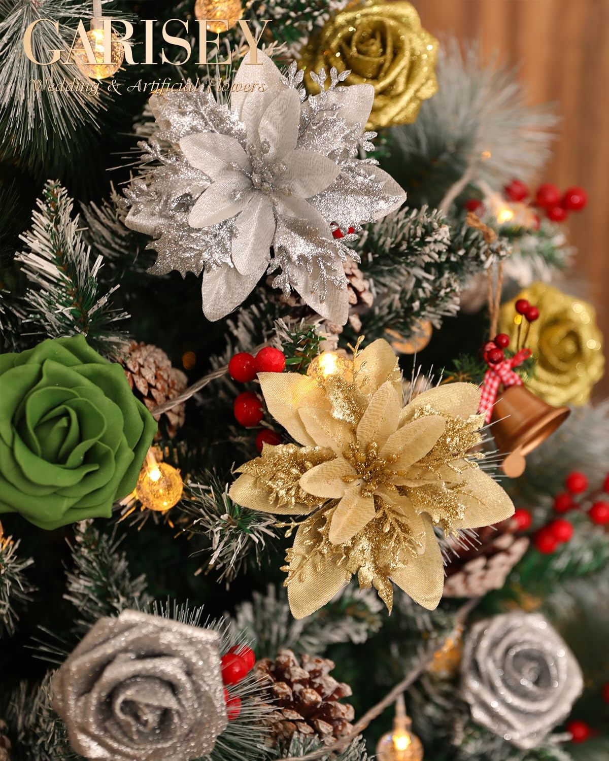 Christmas Artificial Flowers Poinsettia Flower Mix Silk Flowers Fake Roses with Stems for DIY Table Centerpieces Christmas Tree Xmas Wreath Holiday Home Party Decor