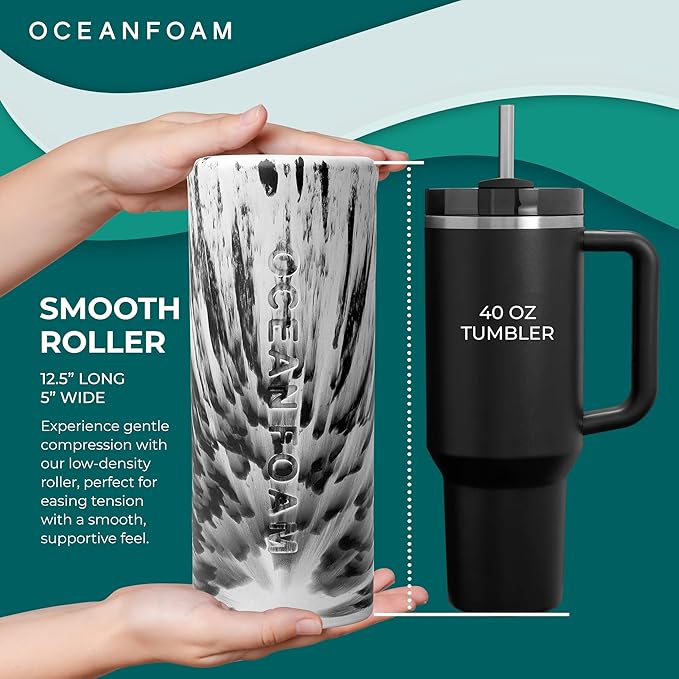 Oceanfoam Smooth Soft Foam Roller (Black Marbled) - Beginner, Travel Sized Low Density Foam Roller for Home & Gym, Physical Therapy, Back Pain, & Exercise - Yoga & Athletics (12.5" x 5")