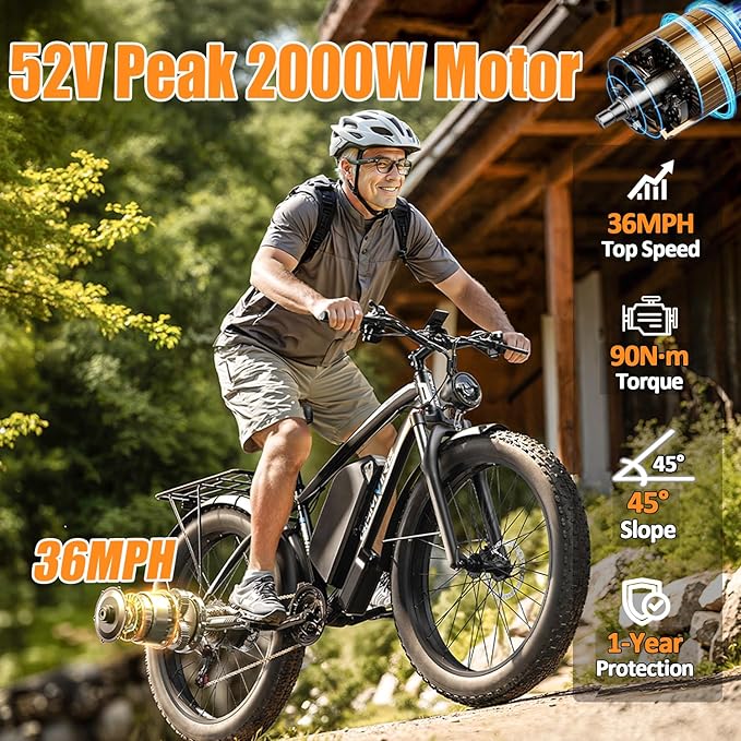 Ebike for Adults Electric, 52V 19.2Ah/32Ah, Peak 2000W/2500W E-Bike, 36/40MPH, 70 Miles/100Miles Long Range, Hydraulic Disc Brake, Off Road Snow Mountain E-Bike, 24"/26" Fat Tire Fast Electric Bicycle