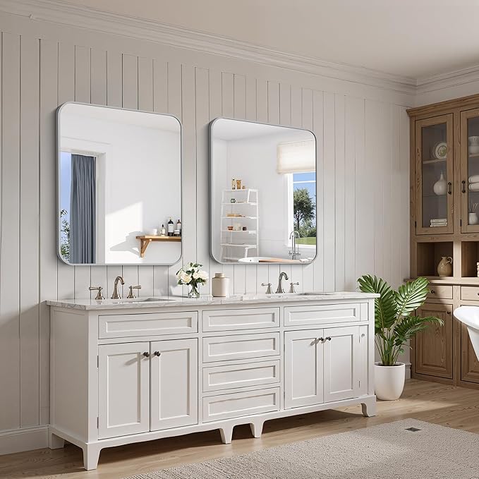 FORBATH 30x36 Inch Silver Bathroom Mirror for Over Sink, Large Rectangular Wall Mirror with Metal Frame, Rounded Corners for Bathroom, Bedroom, Entryway Decor (Horizontal or Vertical)
