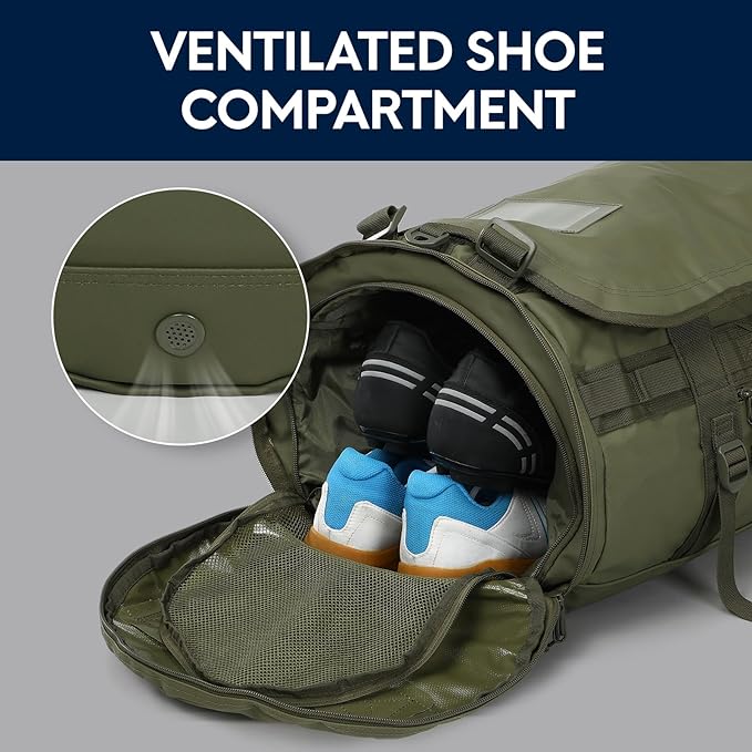 Haimont 45L Gym Duffle Backpack Bag Convertible Travel Duffle with Shoes Compartment for Men Women with Straps, Water-resistant, Army Green