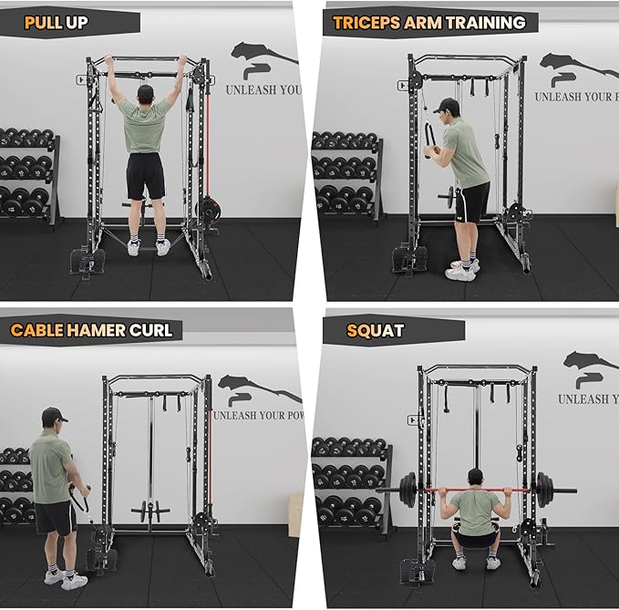 GaveeLife Power Cage, 2000 LBS Power Rack with Cable Cross-Over System, Multi-Functional Strength Training Squat Rack with LAT Pull Down System, Home Gym Equipment with Training Attachment, Red