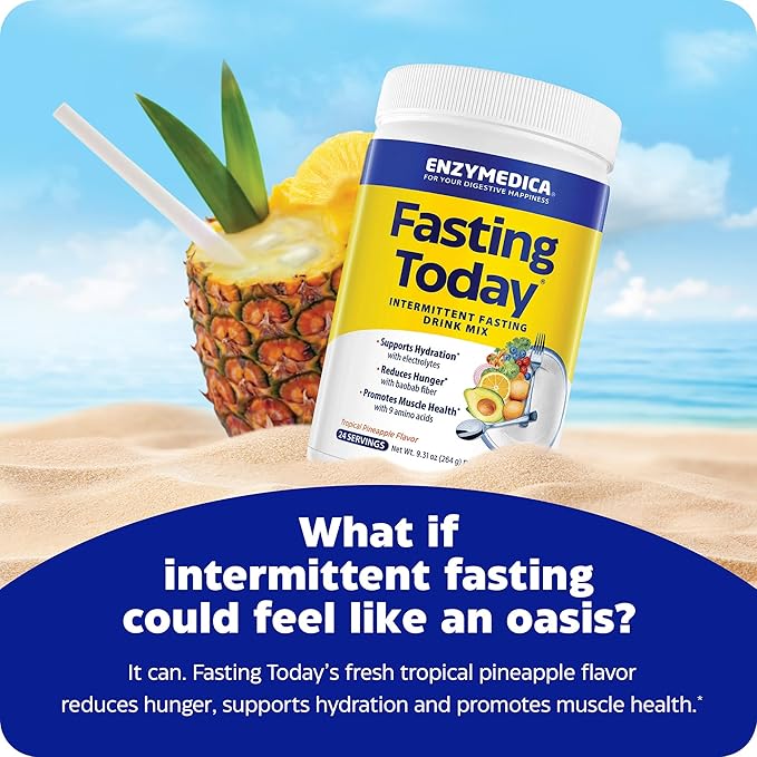 Enzymedica, Fasting Today, Intermittent Fasting Drink Mix with Electrolyte Powder Supplement for Hydration, Appetite and Muscle Health, Keto Friendly, Tropical Pineapple Flavor, 24 Servings