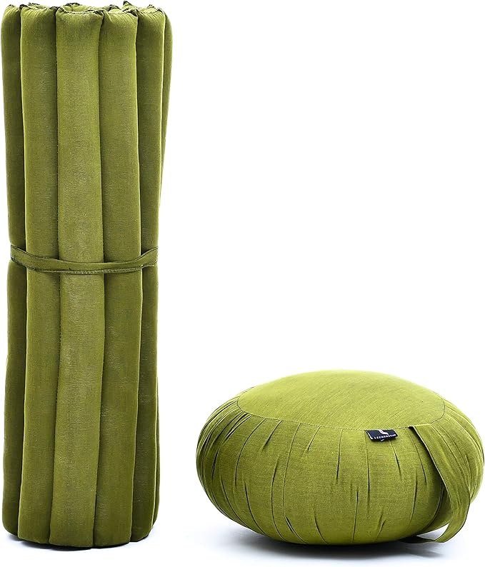 Leewadee Meditation Cushion Set – 1 Round Zafu Meditation Pillow and 1 Square Roll-Up Zabuton Meditation Mat, Pillows Bundle Filled with Kapok