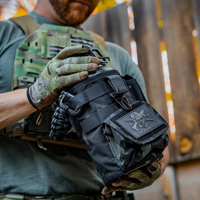 Iron Infidel Battle Bottle - Half Gallon Insulated Water Bottle with Paracord Handle - Large 64 oz Stainless Steel Water Jug & Rugged, Removable Sleeve For Keys, Wallet, Phone (Black Camo 2 Liter)