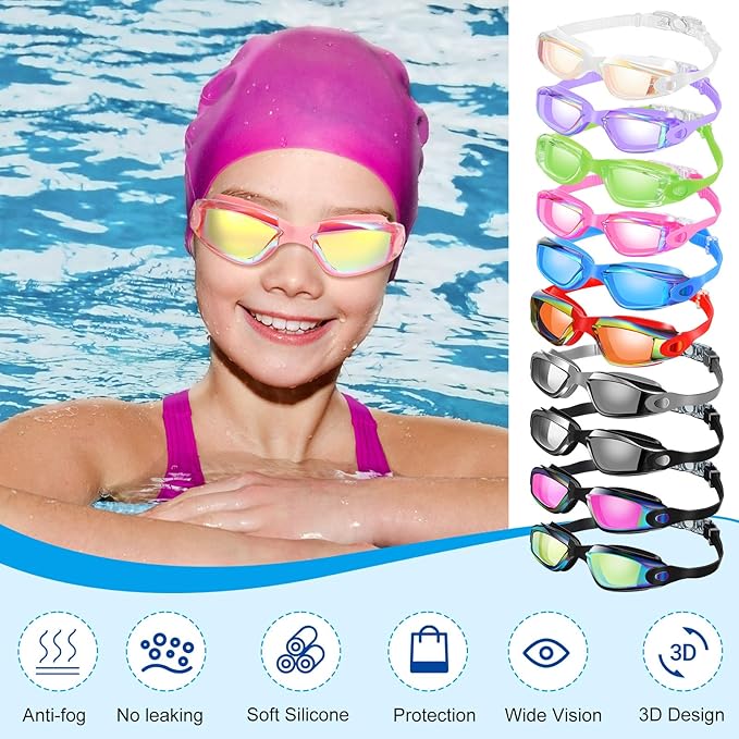 Konohan 10 Pack Swim Goggles Bulk for Kids adult Pool Goggles Anti Fog Silicone No Leak Swimming Glasses for Men Women Youth