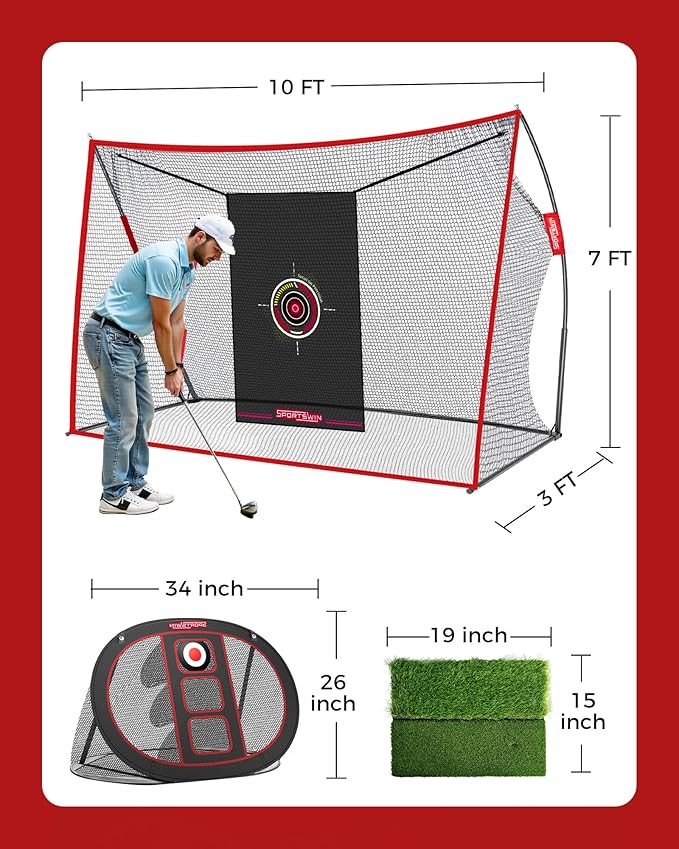 10x7ft Heavy Duty Golf Practice Net with Mat, Target Cloth, 8 Tees, 6 Balls, Carry Bag, Golf Training Net for Backyard Driving Chipping Indoor Outdoor