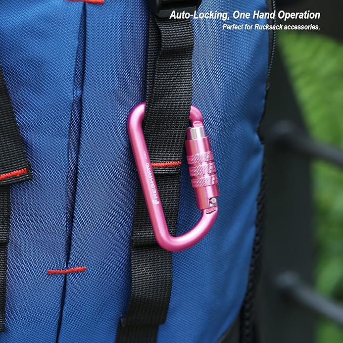 FresKaro 3inch 12kN-2698lbs Auto Locking Carabiner Clips, Solid D Shape, Heavy Duty 7075 Aluminum, Lightweight 1.09oz, Rust Proof, for Hammock, Hiking, Dog Leash, Keychain etc., Multi-Colors