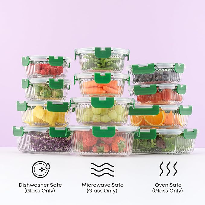 JoyJolt 24pc Borosilicate Glass Storage Containers with Lids | 12 Airtight/Freezer Safe Food Storage Containers for Pantry and Kitchen | Meal Prep Container for Lunch | Glass Tupperware Set