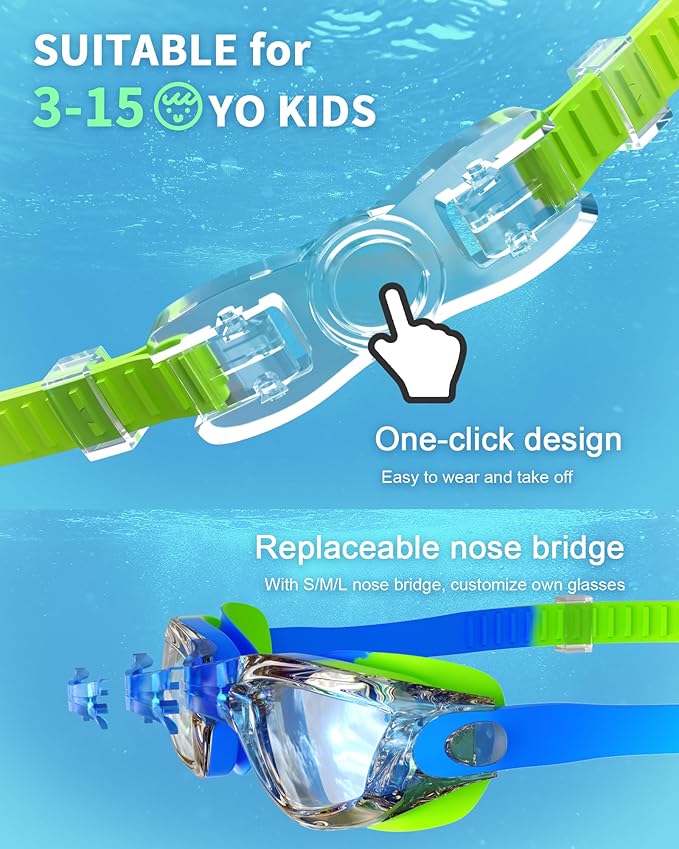 Kids Swim Goggles, Swimming Goggles for Kids with Nose Clip, Earplugs, Nose Bridge for Age 3-15