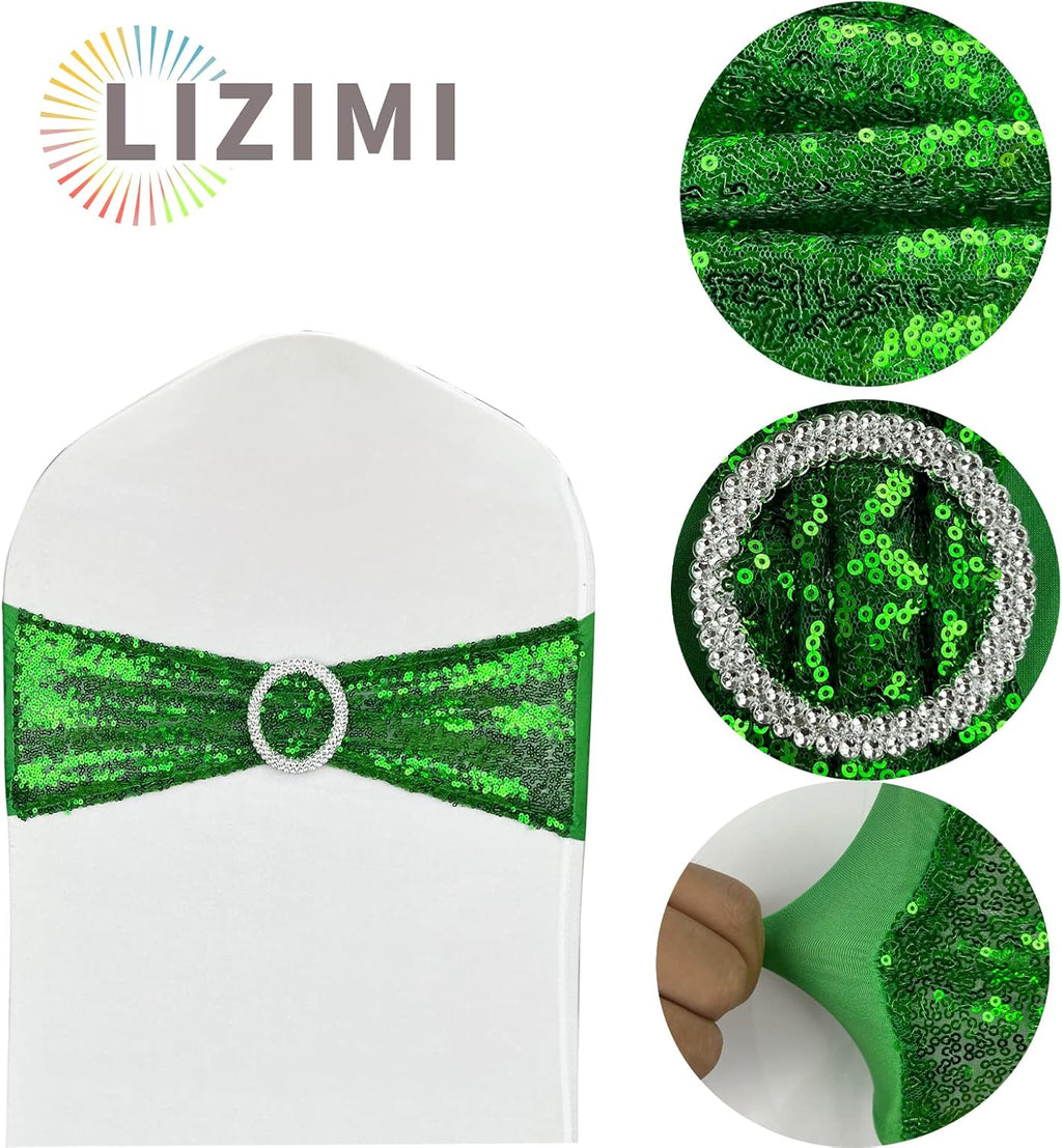10 Pcs Chair Sashes Sequin Stretch Chair Bands Spandex Polyester Bows for Party Hotel Wedding Banquets Decoration - Green