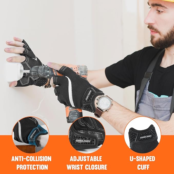 HANDLANDY Fingerless Work Gloves for Men, Half Finger Working Glove Grip Shock-Absorbing Breathable Uwrist TPR Anti-collision Gloves for Mens & Women (Black, M)