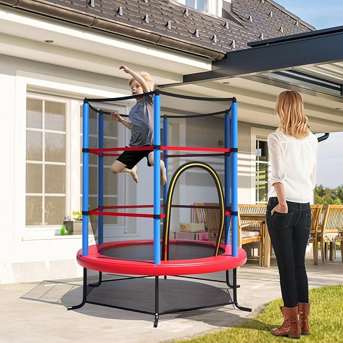 GYMAX Toddler Trampoline, 55” Trampoline for Kids with Bottom-to-Top All-Round Enclosure Net & Seamless Jumping Mat, ASTM Approved Easy Assembly Kids Mini Trampolines Indoor/Outdoor