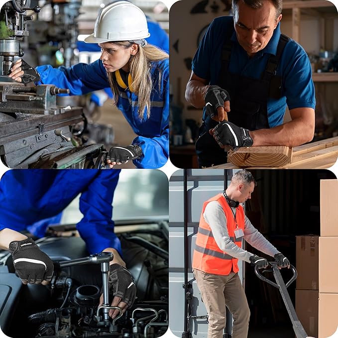 HANDLANDY Fingerless Work Gloves for Men, Half Finger Working Glove Grip Shock-Absorbing Breathable Uwrist TPR Anti-collision Gloves for Mens & Women (Black, L)