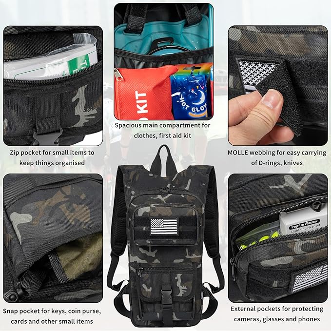 Hydration Backpack, Tactical Molle Water with 2L TPU Water Bladder, for Men Women Lightweight Water Backpack, Hydration Pack for Hiking, Biking, Climbing and Hunting