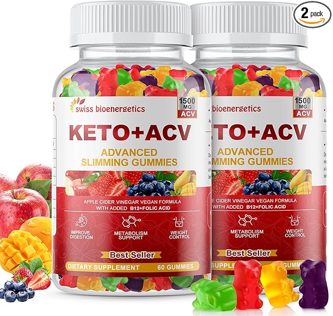 (2 Pack) Keto Apple Cider Vinegar Gummies, Keto ACV Gummy Diet Supplement, Advanced 1500mg ACV Gummies with Folate, B12、B6 and Keto Support for Women Men, Gelatin- Free, Vegan & Non-GMO (Multi-Flavor)