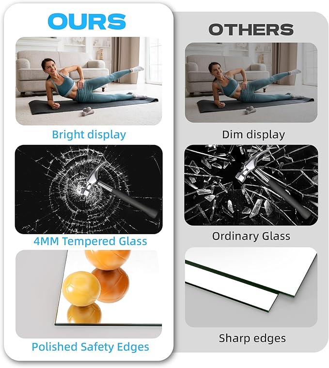 Hasipu 3Pcs 55''x17'' Home Gym Mirror Large Full Length Wall Mounted Full Body Mirror for Yoga Dance Fitness Exercise Studio Bedroom Garage, Frameless Tempered Glass Workout Mirrors Walnut Rectangular