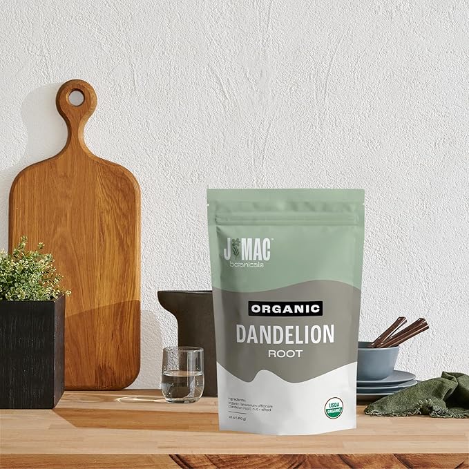 J Mac Botanicals Organic Dandelion Root (8 oz) unroasted, herb for tea and other infusions, Packaged in the USA, Certified USDA Organic