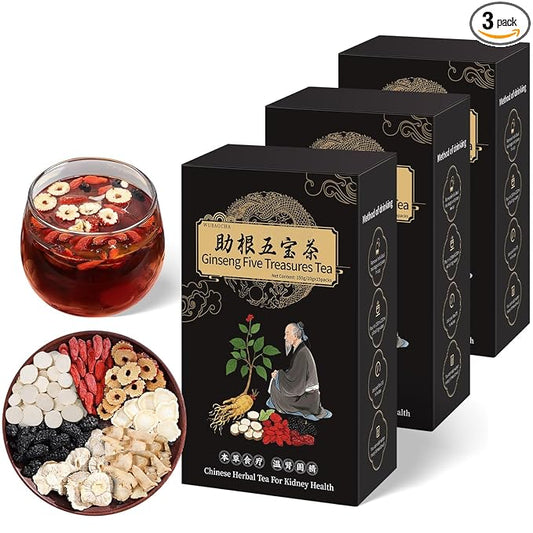 Ginseng Five Treasures Tea Kidney Tea, Chinese Ginseng Six Treasure Tea Organic Kidney Cleanse Detox Tea for Women and Men's Kidney Health, 7 Precious Ingredients Formula (45 Bags/3 Boxes)