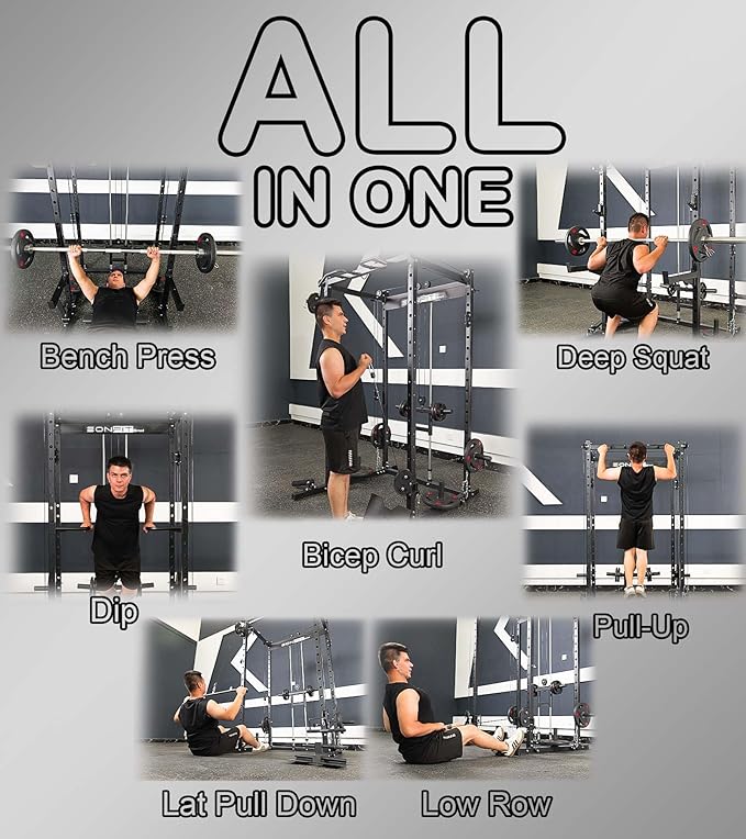 Eonfit E5 Smith Machine with Vertical Leg Press, Power Cage Squat Rack with LAT-Pull Down Cable Crossover Rotating Arms System Home Gym Equipment All in One (E5 RED)