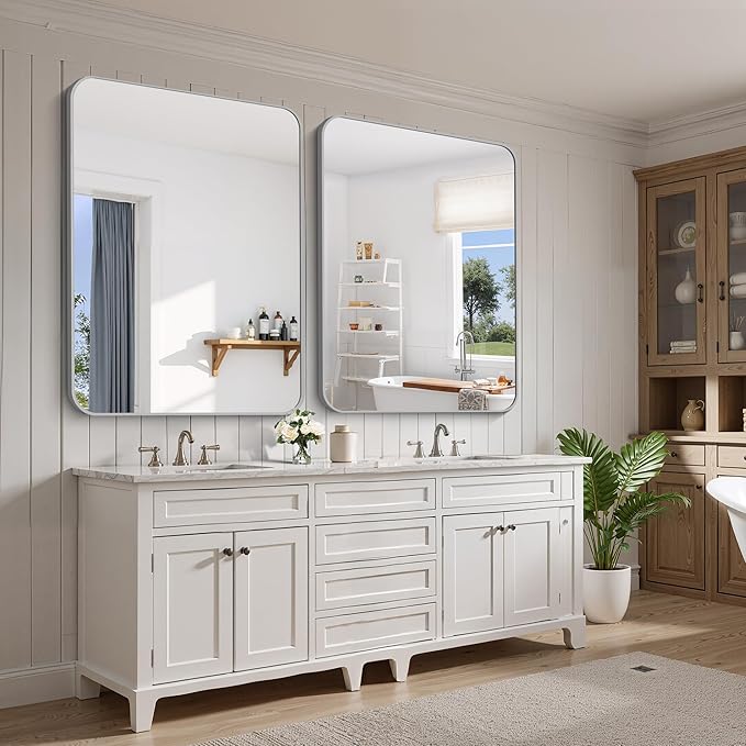 FORBATH 36x48 Inch Silver Bathroom Mirror for Over Sink, Large Rectangular Wall Mirror with Metal Frame, Rounded Corners for Bathroom, Bedroom, Entryway Decor (Horizontal or Vertical)