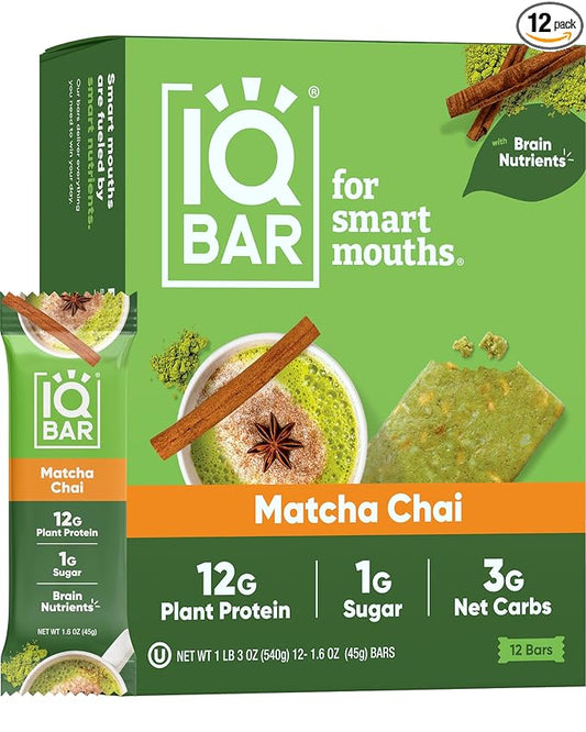IQBAR Brain and Body Plant Protein Bars - Matcha Chai - 12-Count Low Carb - Gluten Free, High Fiber, Vegan Snacks - Low Sugar Meal Replacement