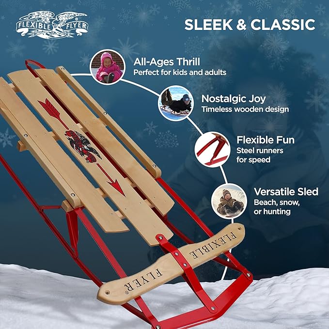 Flexible Flyer Metal Runner Sled. Steel & Wood Steering Snow Slider