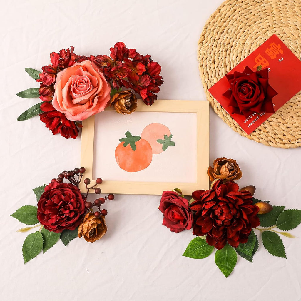 Artificial Flowers Combo Box Set Burgundy Silk Flowers for DIY Wedding Bouquet Arrangements Bridal Shower Party Home Decorations (Mature Burgundy)