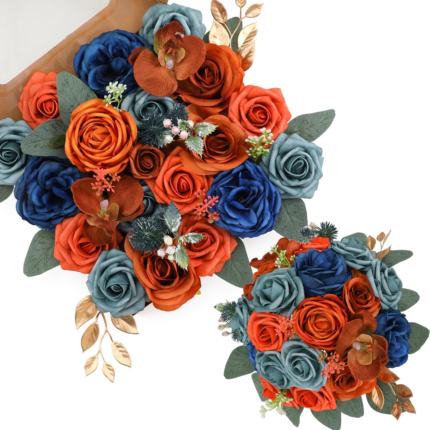 Artificial Flowers Combo for DIY Wedding Bouquets Combo Centerpieces Arrangements Party Bridal Baby Shower Home Decorations-Teal&Terracotta